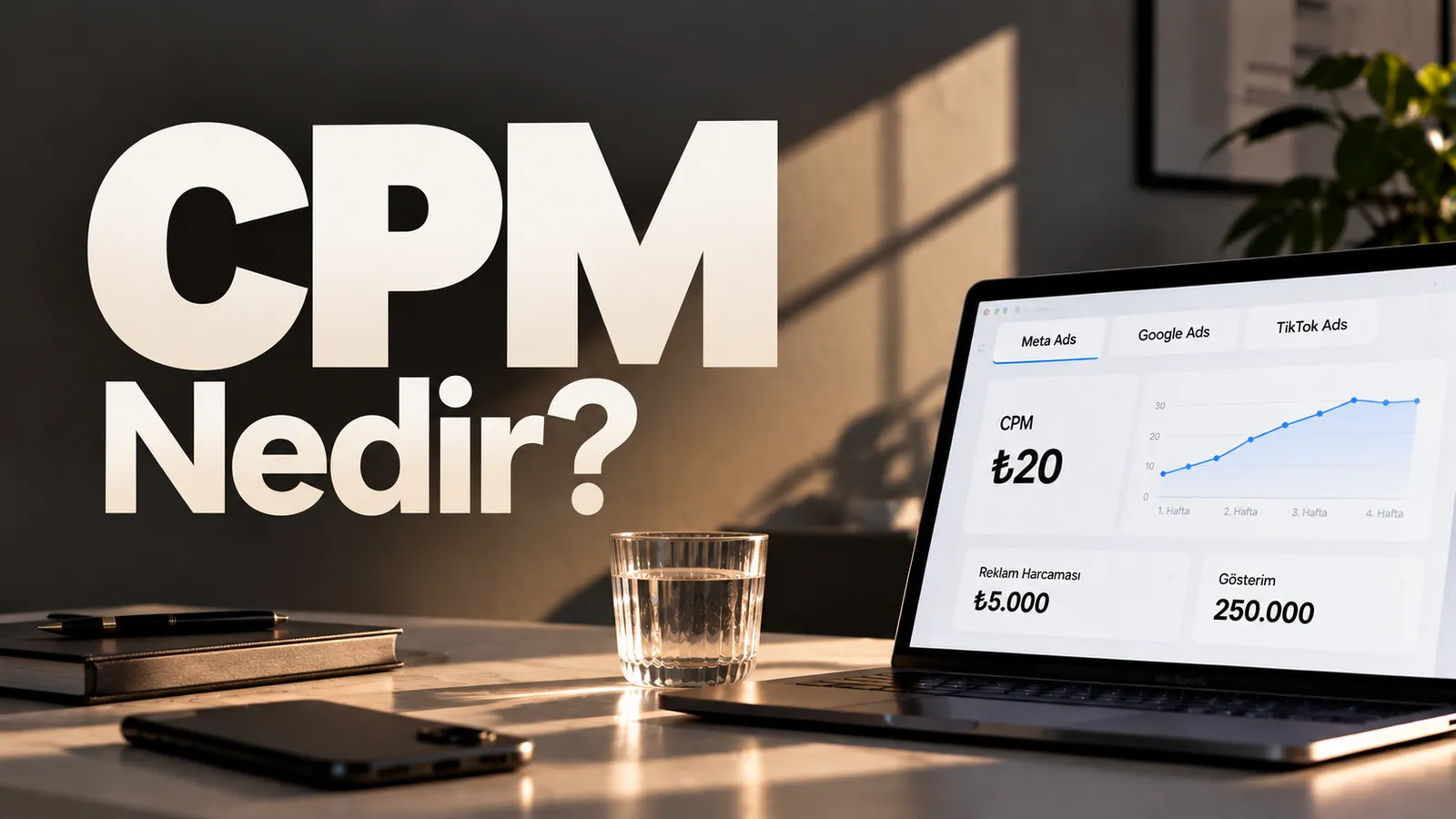 CPM Nedir? başlığı ve reklam panelinde CPM 20 TL gösteren dizüstü bilgisayar